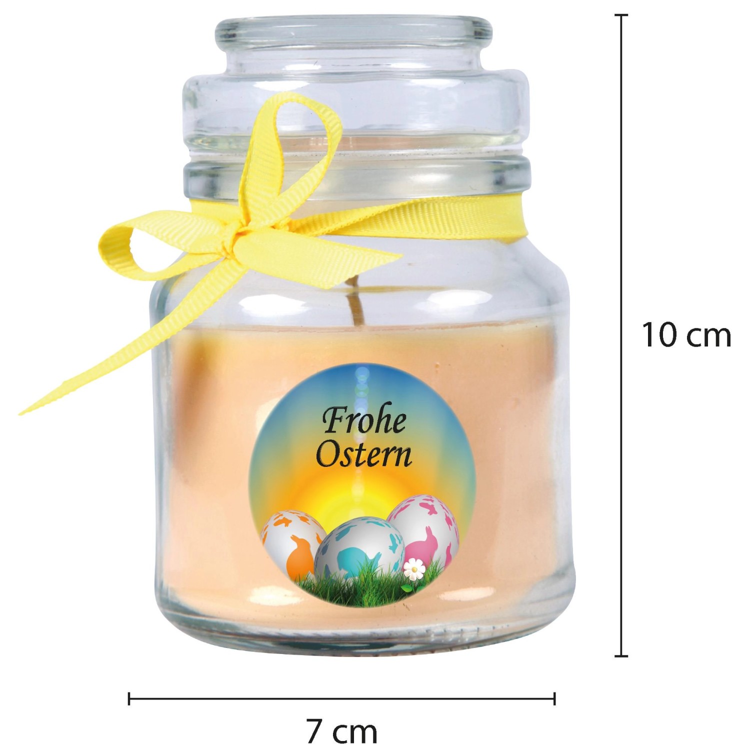 Duftkerze im Glas mit "Frohe Ostern" Motiv, Vanilleduft, gelbes Band, Ø7cm. Osterdeko.