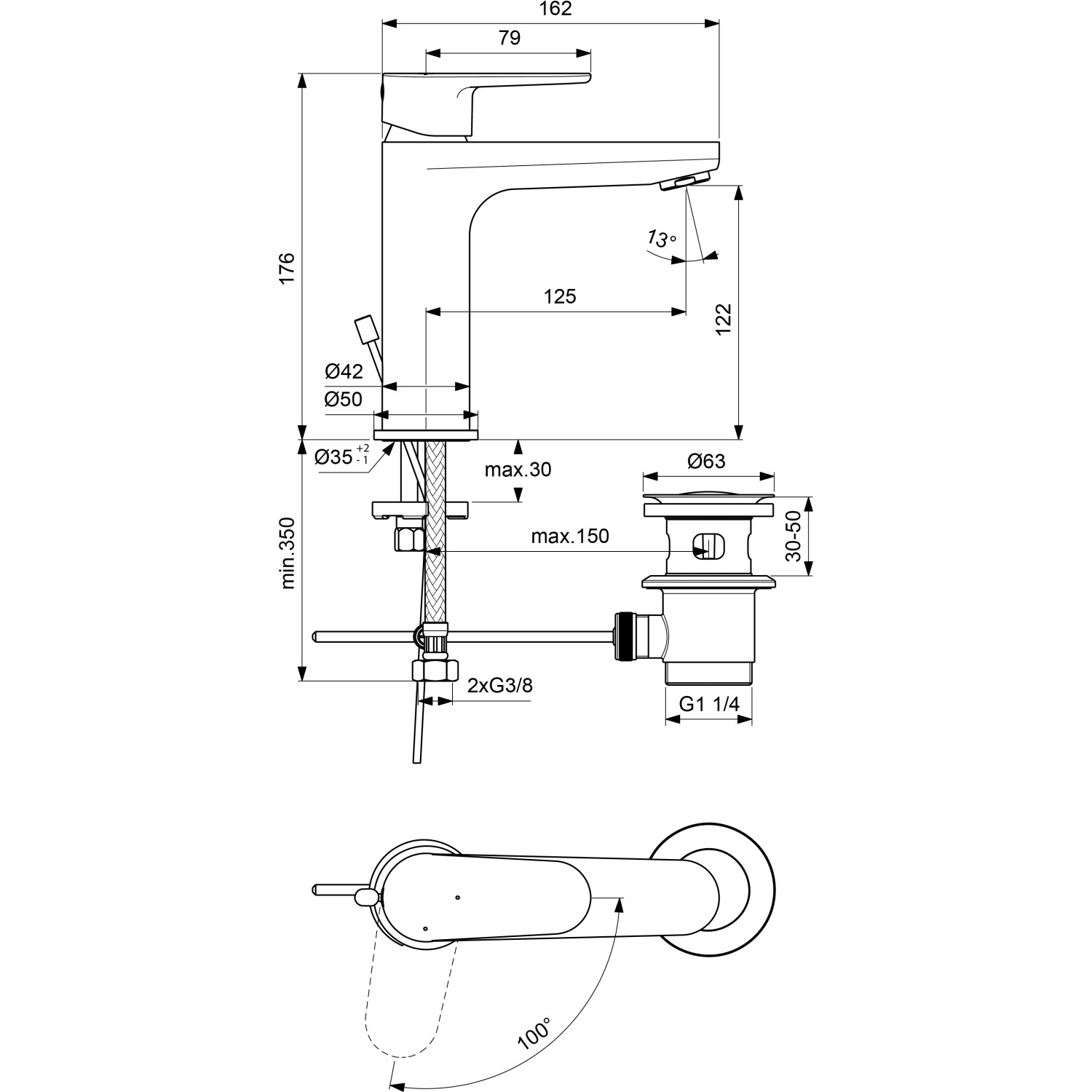 Technische Zeichnung: Ideal Standard Cerafine O Waschtischarmatur H120 BlueStart, Chrom, mit Maßangaben.