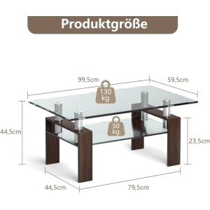 Brauner Couchtisch aus Glas mit zwei Ablagen, Holzbeinen. Maße 99,5x59,5x44,5 cm, Belastbarkeit 130/50 kg.