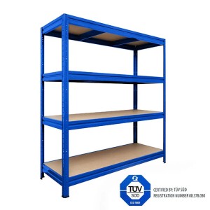 Blaues KARAT Weitspannregal Schwerlastregal mit vier Spanplattenböden und einer Traglast von bis zu 1400 kg.