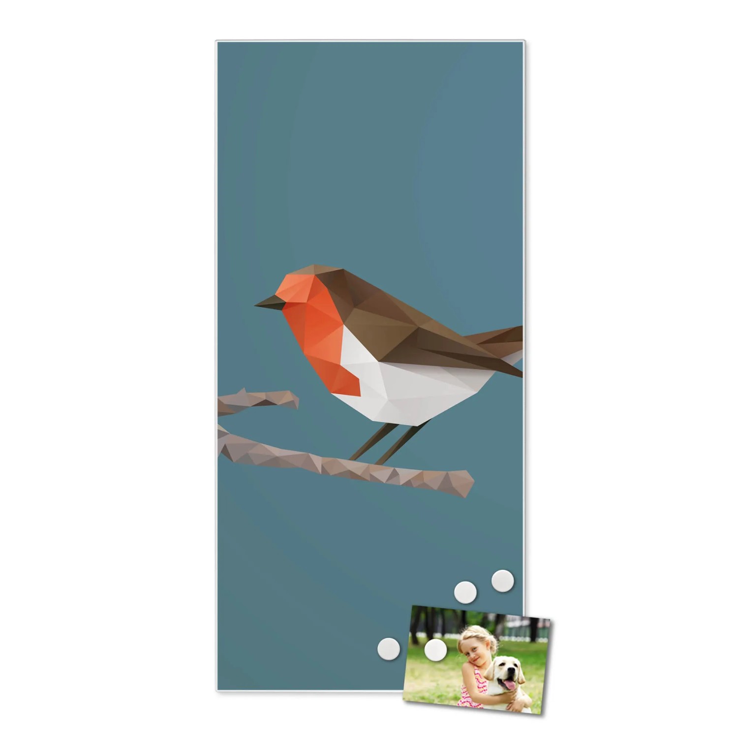 Weiße Magnettafel 37x78cm mit abstraktem Vogel als Wanddeko inkl. Magnete.