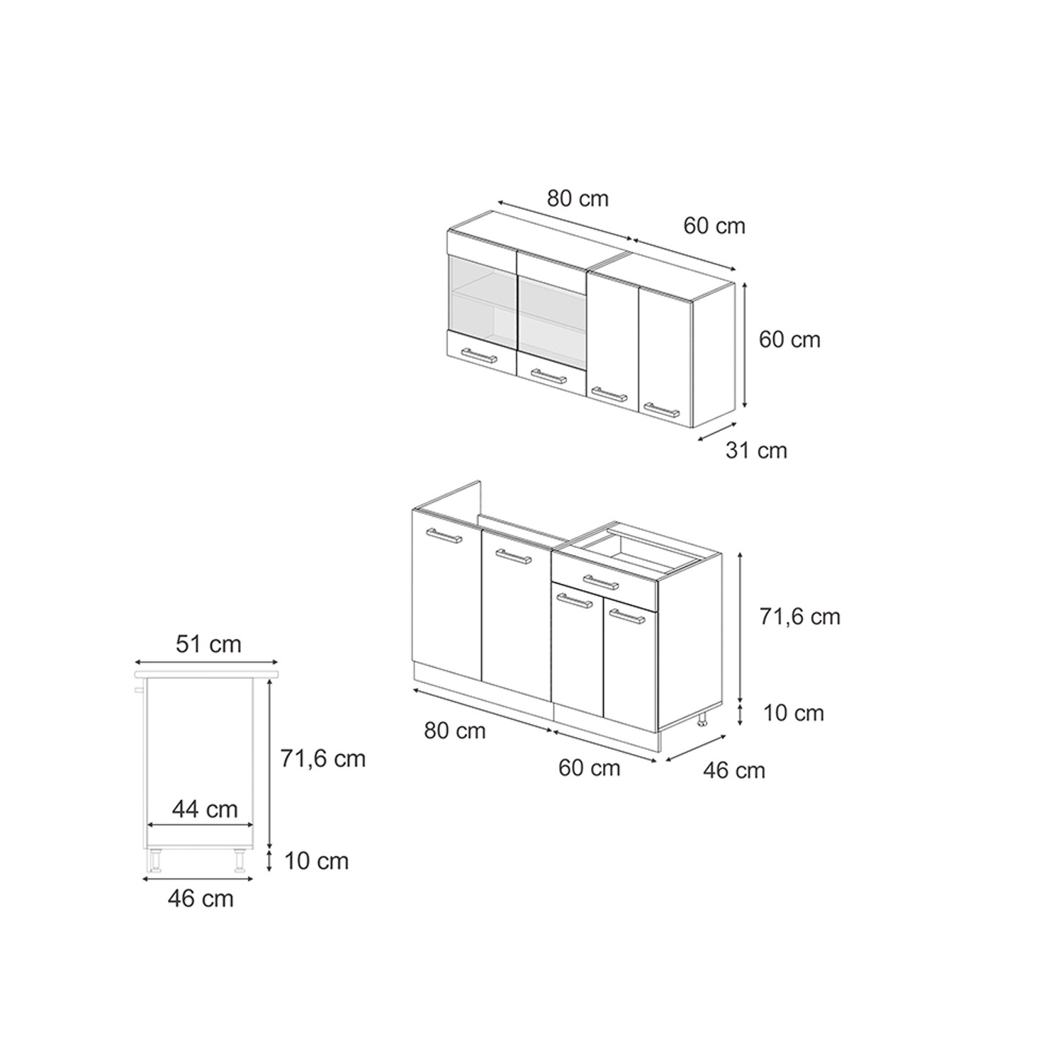 Skizze der anthrazitfarbenen Vicco R-Line Küchenzeile (140 cm) mit Eichen-Arbeitsplatte und Maßangaben.