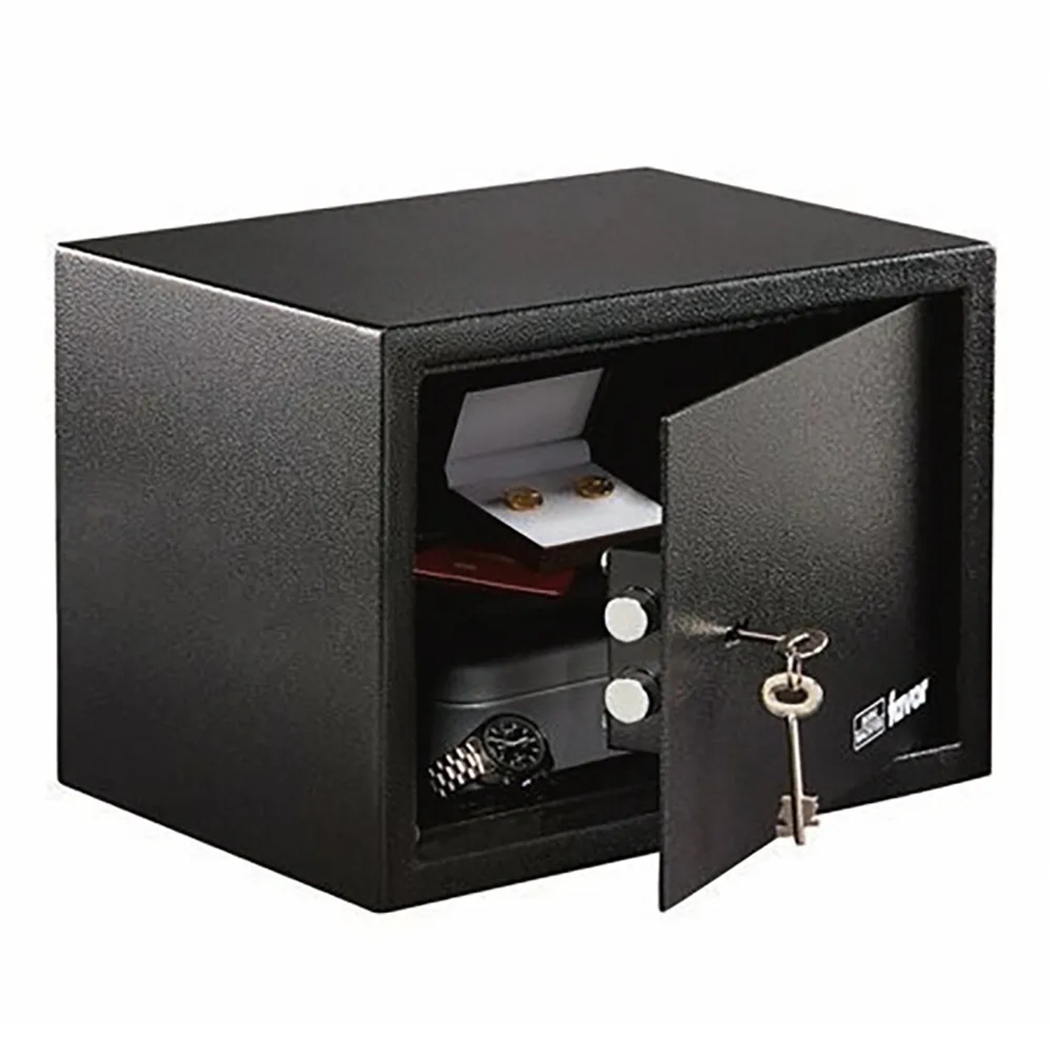 Burg Wächter Möbeltresor Favor S5 K, anthrazit, mit geöffneter Tür und Inhalt (Schmuck, Uhr).