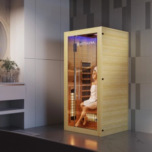 Artsauna Infrarotkabine Kiruna90 Premium mit Frau in entspannter Atmosphäre.
