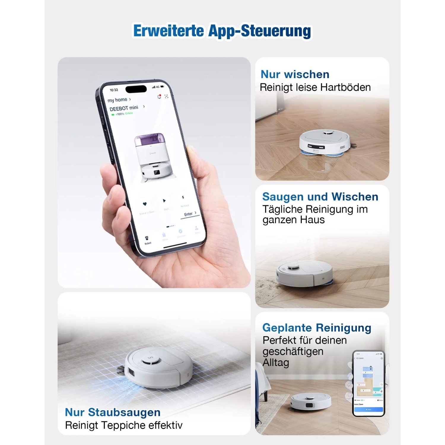 ECOVACS DEEBOT Mini: Saug- und Wischroboter mit App-Steuerung, Reinigungsmodi für Teppich, Hartboden und tägliche Reinigung.