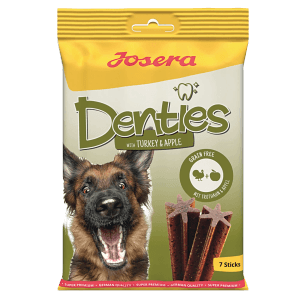 Josera Denties Hunde-Zahnpflegesnacks Turkey & Apple, 180g Packung mit Hund und Kaustangen.