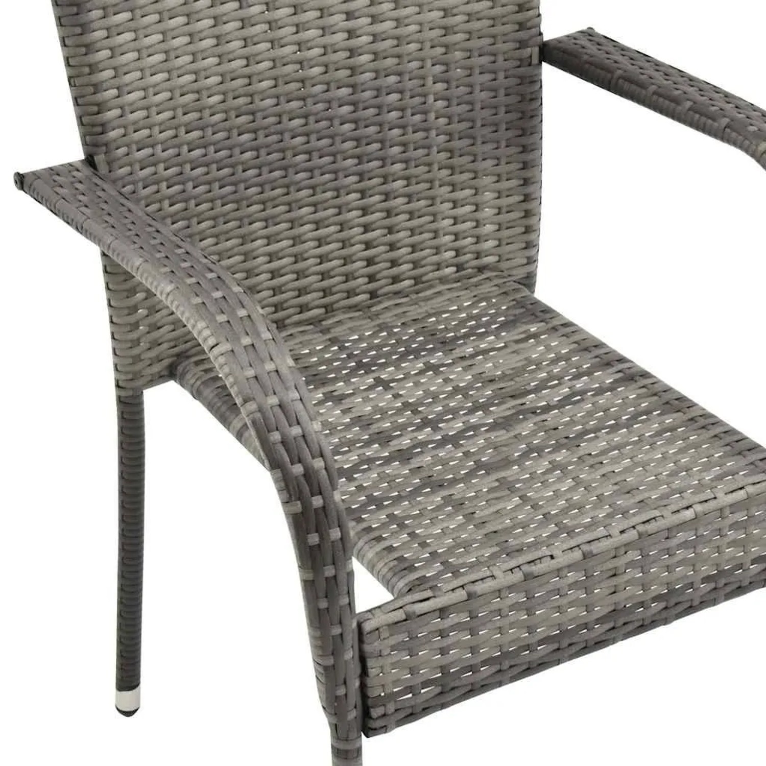Grauer Gartenstuhl aus Polyrattan, stapelbar, Detailansicht.