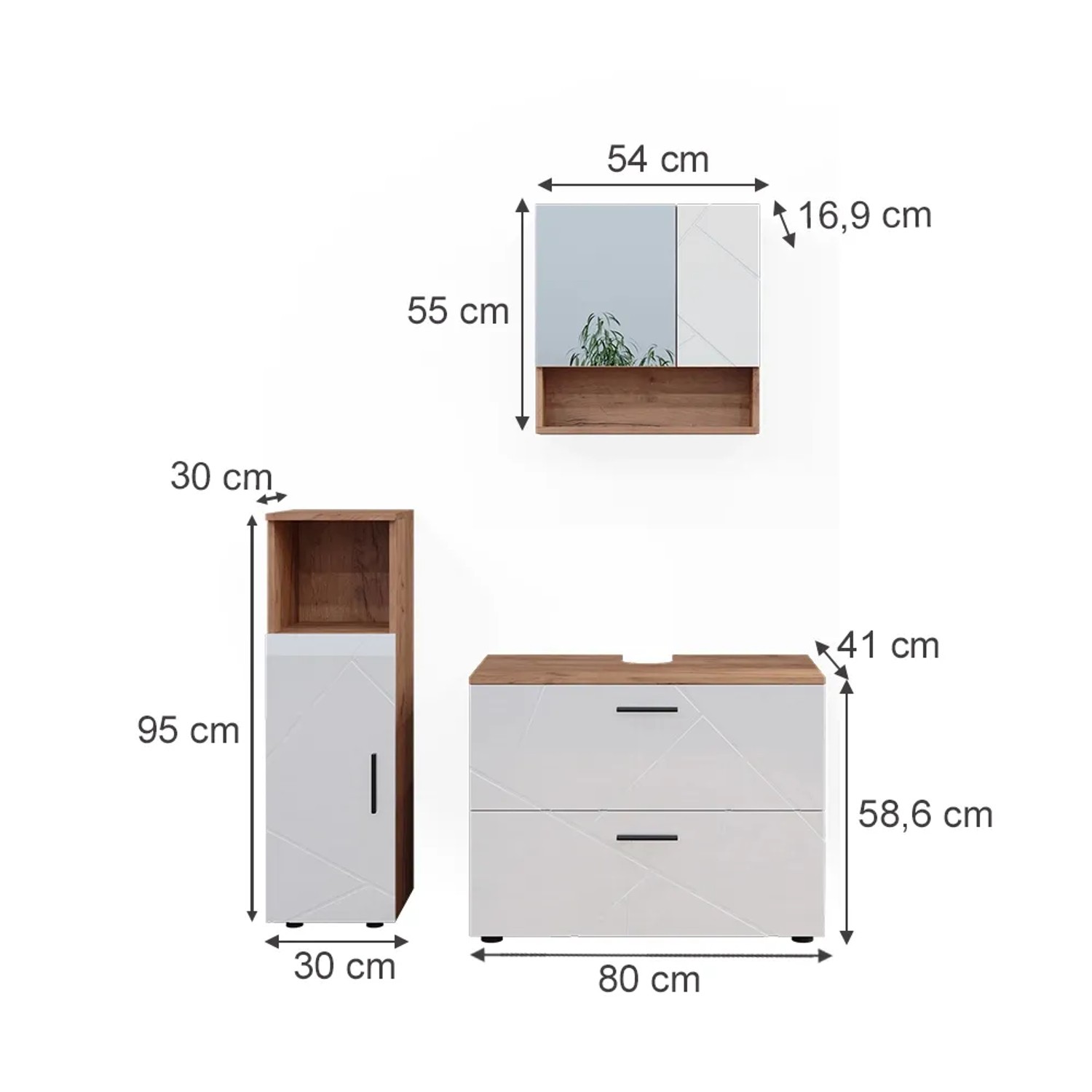 Vicco Badmöbel-Set Irma, 3-teilig, Eiche/Weiß Hochglanz: Spiegelschrank, Midischrank, Waschbeckenunterschrank.