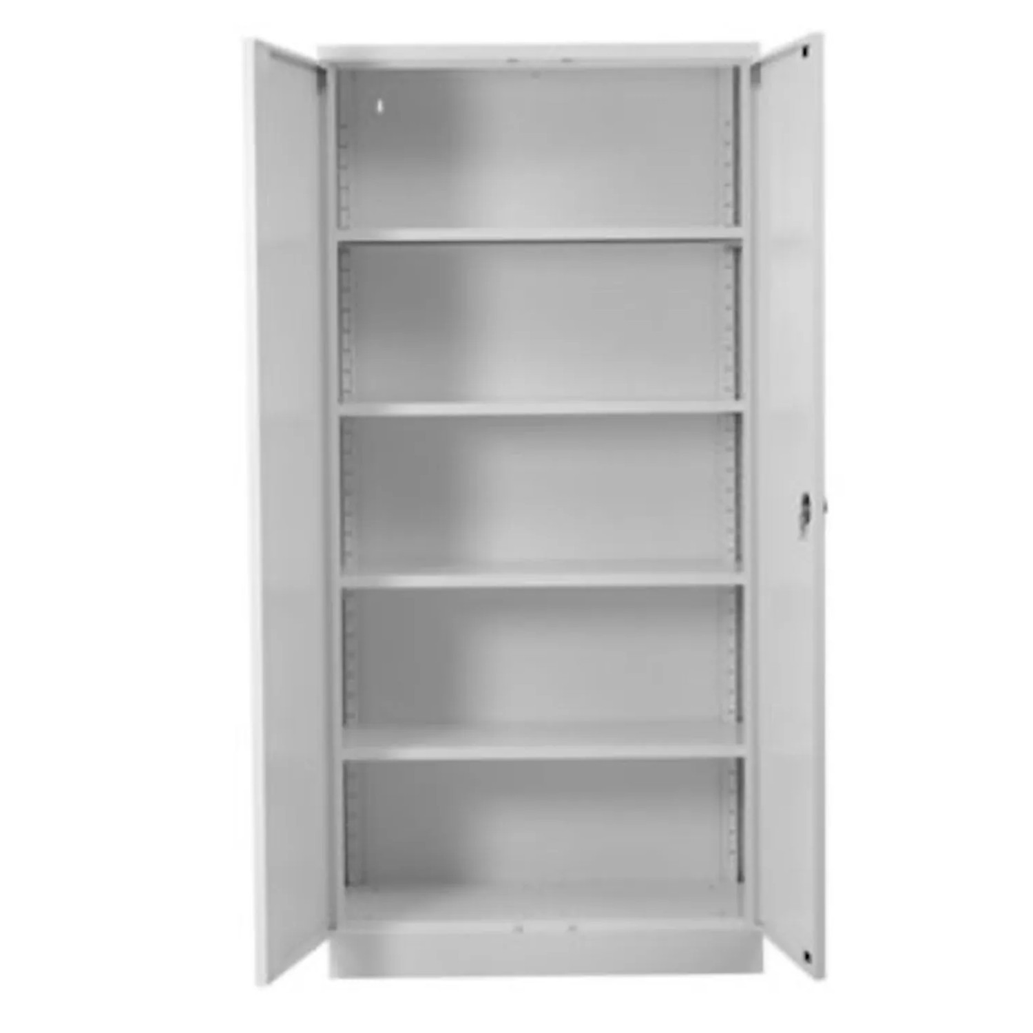 Weißer PROREGAL Stahlschrank mit 4 Fachböden, geöffnet, für Büro oder Homeoffice.