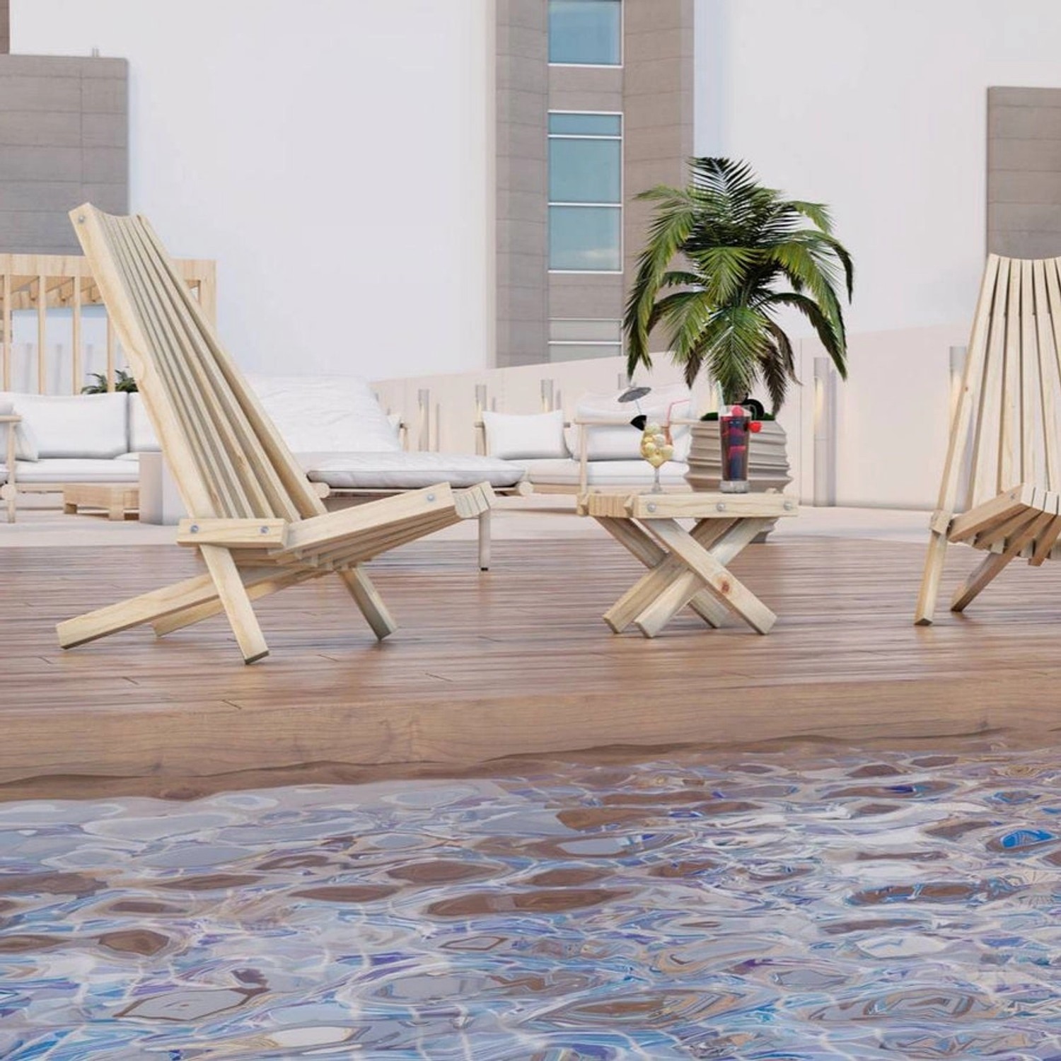 Holz Gartenmöbel Set: 2 Liegestühle und 1 Tisch aus Kiefernholz im skandinavischen Design.