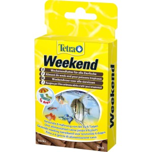 Tetra Weekend Fischfutter-Sticks 18g für Aquarien, gelbe Verpackung.