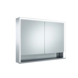 Keuco Royal Lumos LED-Spiegelschrank, 100 cm breit, mit 2 Türen, umlaufendem LED-Rahmen und offenem Ablagefach.