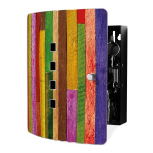 Banjado Schlüsselkasten Edelstahl, Motiv Holz Collage bunt, für 10 Schlüssel. Garderobenleiste.