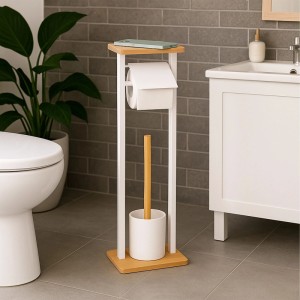 Relaxdays WC-Garnitur Bambus Eisen Weiß mit Ablage Freistehend 73,5 cm x 20 cm x 20 cm 1 kg