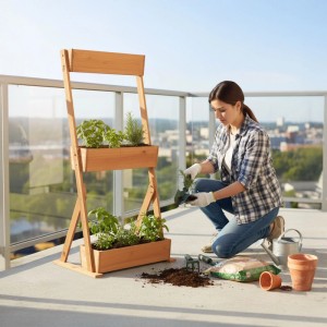 Frau pflanzt Kräuter in braunes Relaxdays Vertikalbeet aus Holz mit 3 Fächern auf Balkon. Perfekt für Hochbeete.
