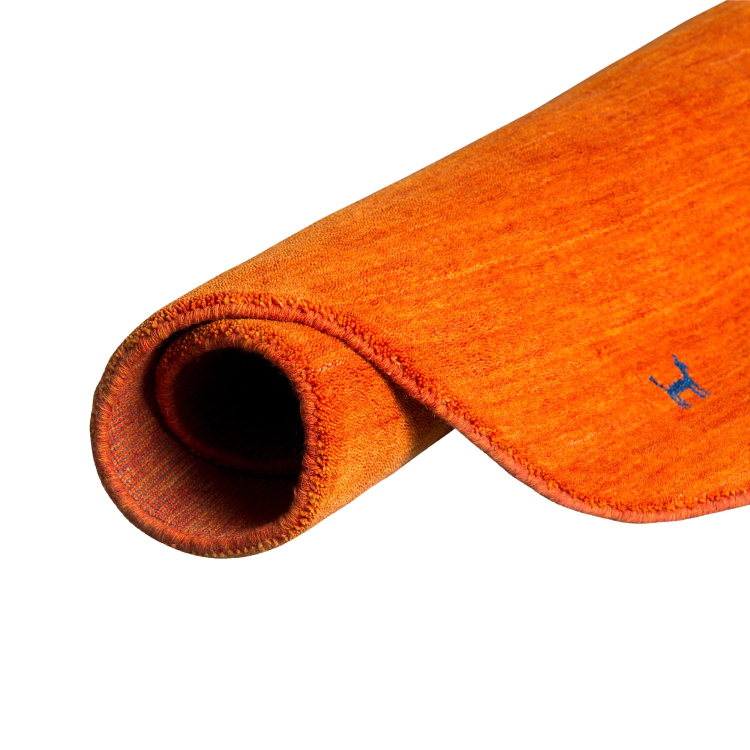 Gerollter, runder, terrakottafarbener Teppich Indo Nepal Gabbeh Shiva, 150 cm Durchmesser.