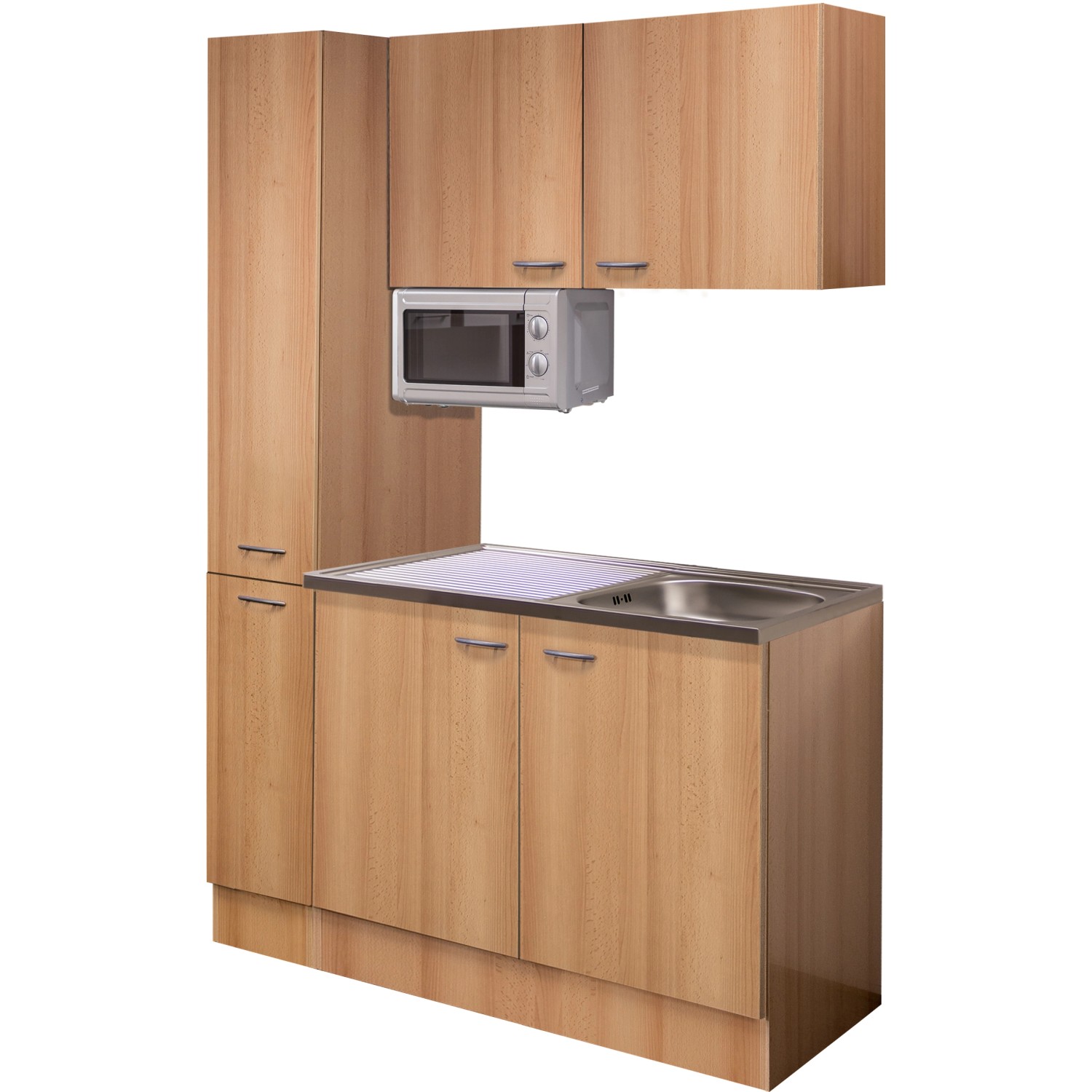 Flex-Well Singleküche 130 cm in Nano Buche mit Spüle, Mikrowelle und Apothekerschrank.