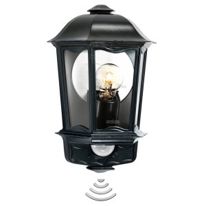 Schwarze Steinel Außenwandleuchte L 190 S mit Bewegungsmelder und E27 Fassung.