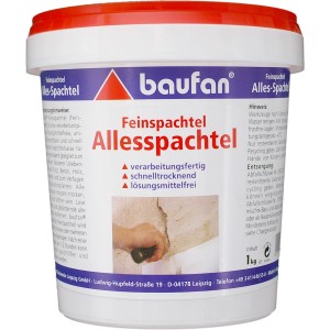 Baufan Allesspachtel 1 kg im Eimer, geeignet zum Ausgleichen von Unebenheiten auf Putz, Beton und Gipskartonplatten.