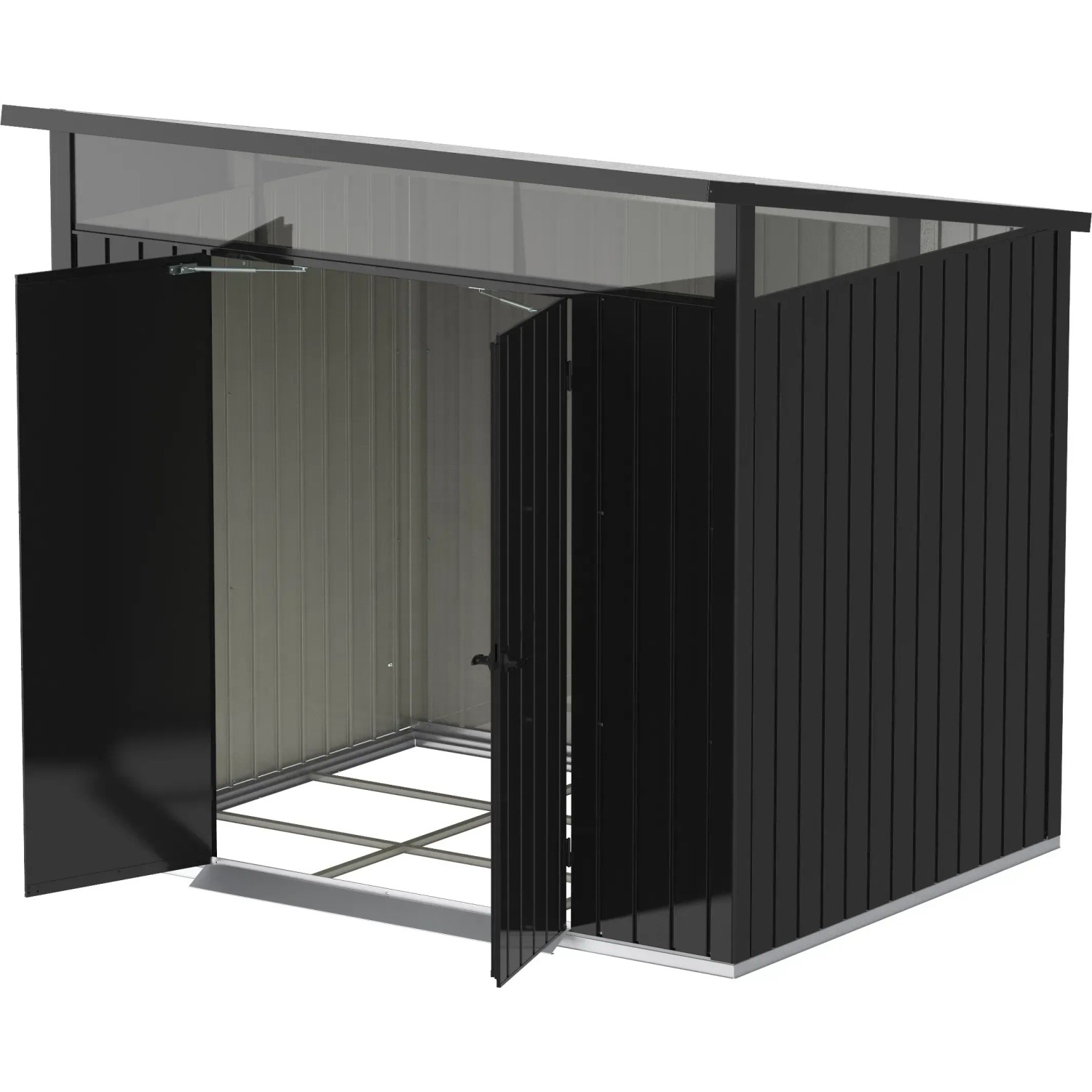 Duramax Metallgerätehaus Palladium 8x6 in Anthrazit mit geöffneten Türen.