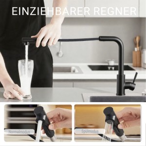 AICA Küchenarmatur, schwarz matt, mit ausziehbarer Brause und 2 Strahlarten für Spüle.