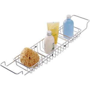 Wenko Badewannenbrücke ausziehbar, Edelstahl glänzend, mit Badutensilien wie Schwamm und Duschgel.