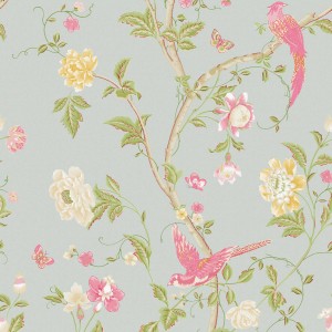 Laura Ashley Vliestapete Summer Palace Duck Egg mit floralem Chinoiserie-Muster, Vögel und Blumen.