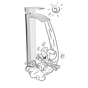 Illustration: baliv Waschtischarmatur WT-362 Chrom mit spielerischer Reinigungsszene.