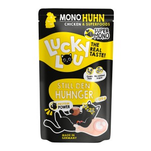 Lucky Lou Katzen-Nassfutter SuperMono Huhn, 125g Packung mit Katze auf Hühnerbein.