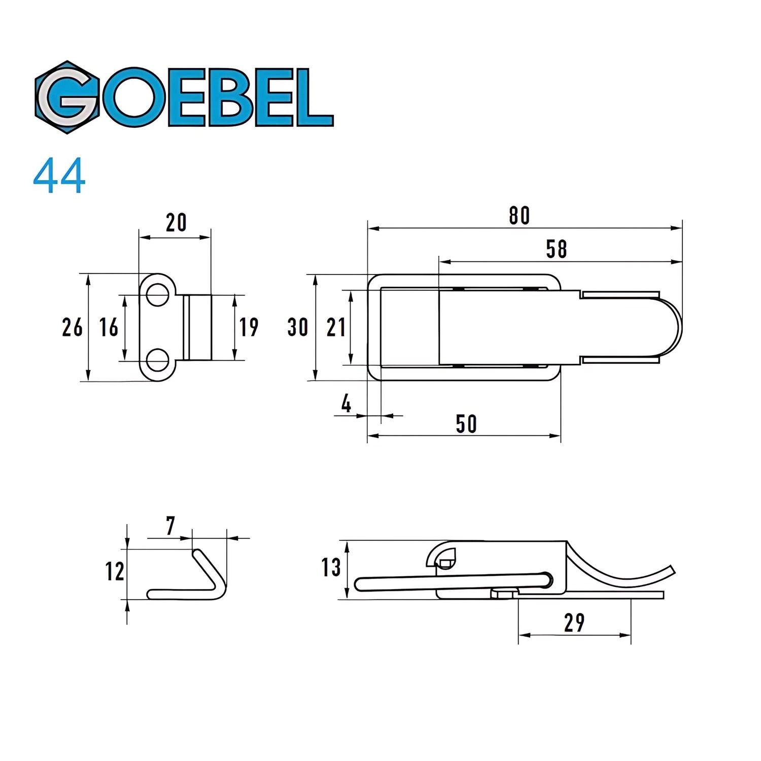 Technische Zeichnung: Goebel 50 Spannverschluss 44 aus Aluminium und Edelstahl A2 mit Federsicherung und Gegenhaken.