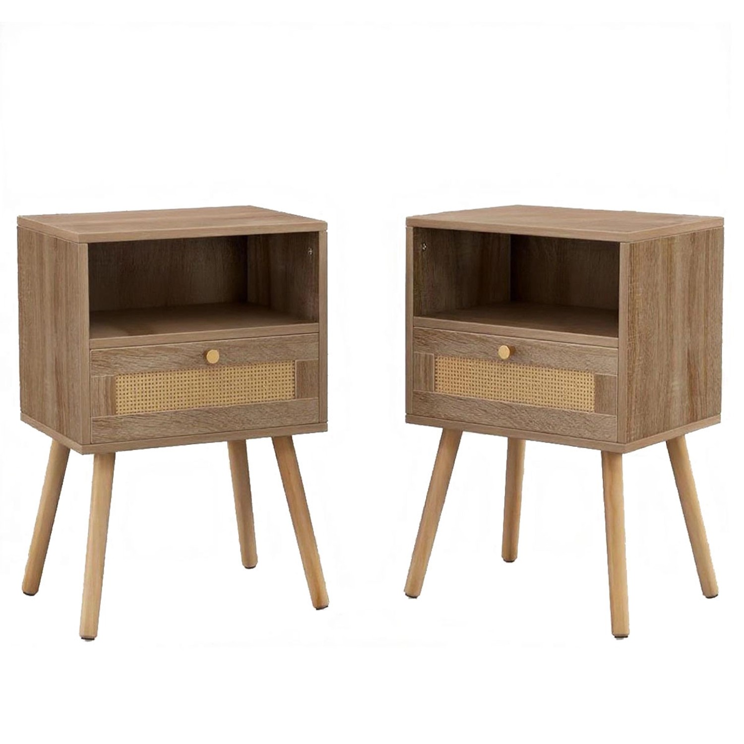 Costway Nachttisch Rattan 2er Set mit Massivholzbeinen