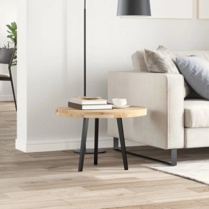 Runde Tischplatte aus unbehandeltem Akazienholz, Ø60cm, als Beistelltisch im Wohnzimmer. Robustes Massivholz.