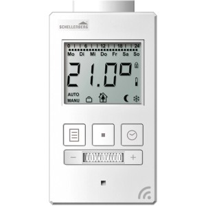 Weißes Funk-Thermostat zur Steuerung der Heizung im Haus, mit Display und Bedienelementen.