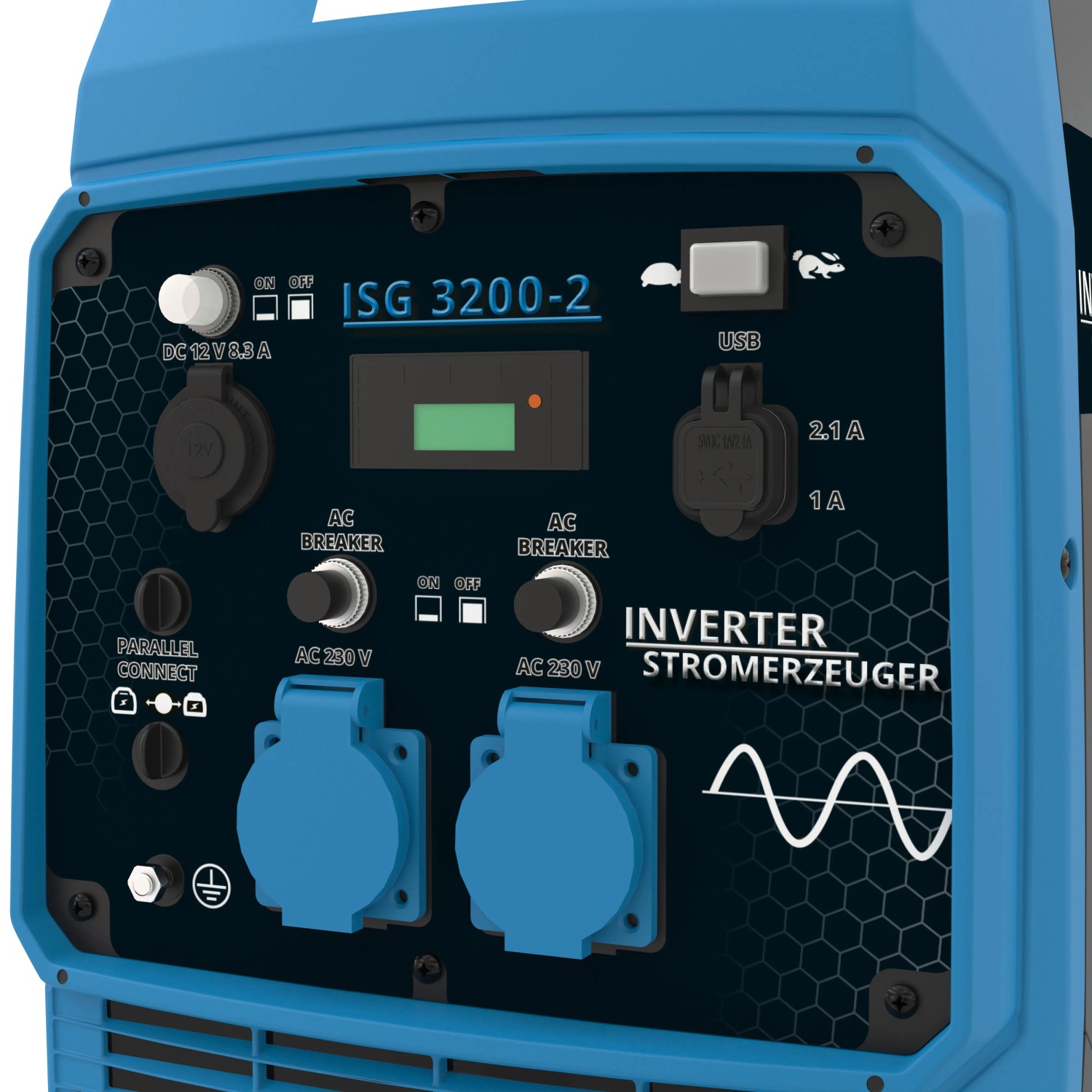 Detailansicht: Güde Inverter Stromerzeuger ISG 3200-2 mit Anschlüssen und Bedienelementen.