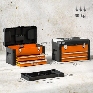 HOMCOM Werkzeugkiste leer, 49x25x28cm, mit Schubladen, orange/schwarz. Werkzeugkasten für Werkzeug-Sets.