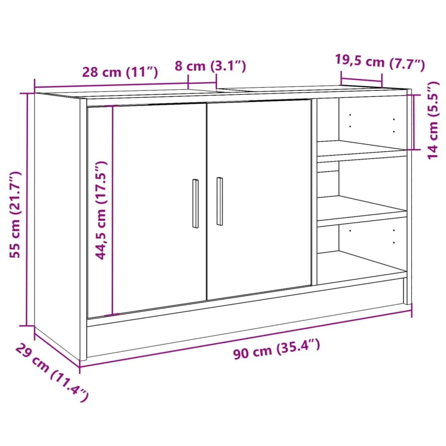 vidaXL Waschbeckenunterschrank in Braun Eichen-Optik, 90x29x55 cm, mit Türen und offenen Fächern.