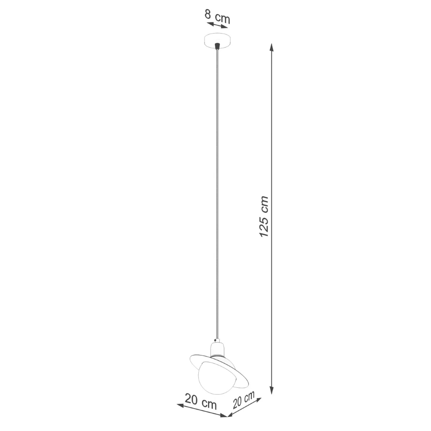 Skizze der weißen Sollux Lighting Pendelleuchte Hyperion 1 mit Maßangaben.