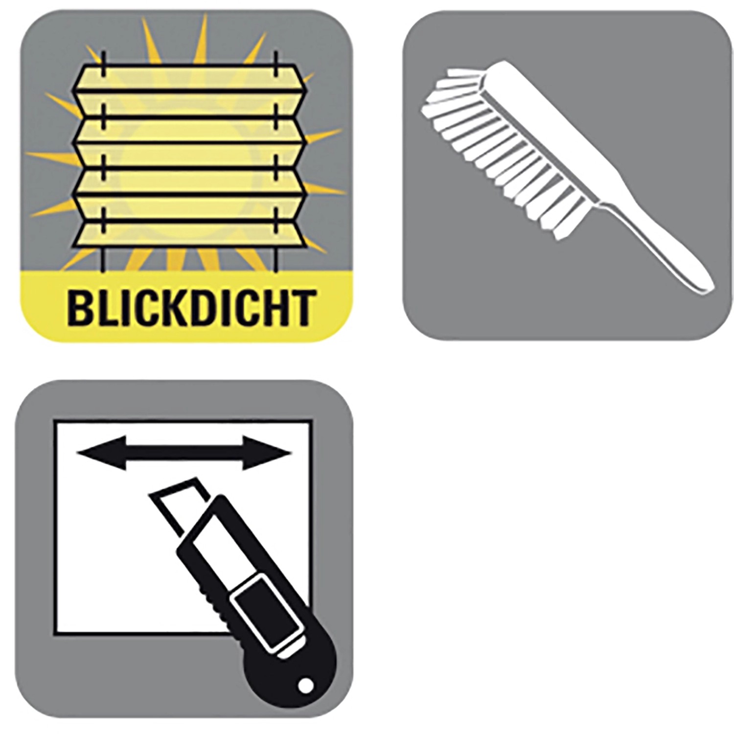 Symbole für blickdichtes Plissee, Reinigung und Montage mit Cutter.