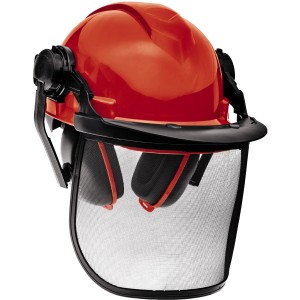 Einhell Forstschutzhelm BG-SH 2 mit rotem Helm, Visier und Gehörschutz.