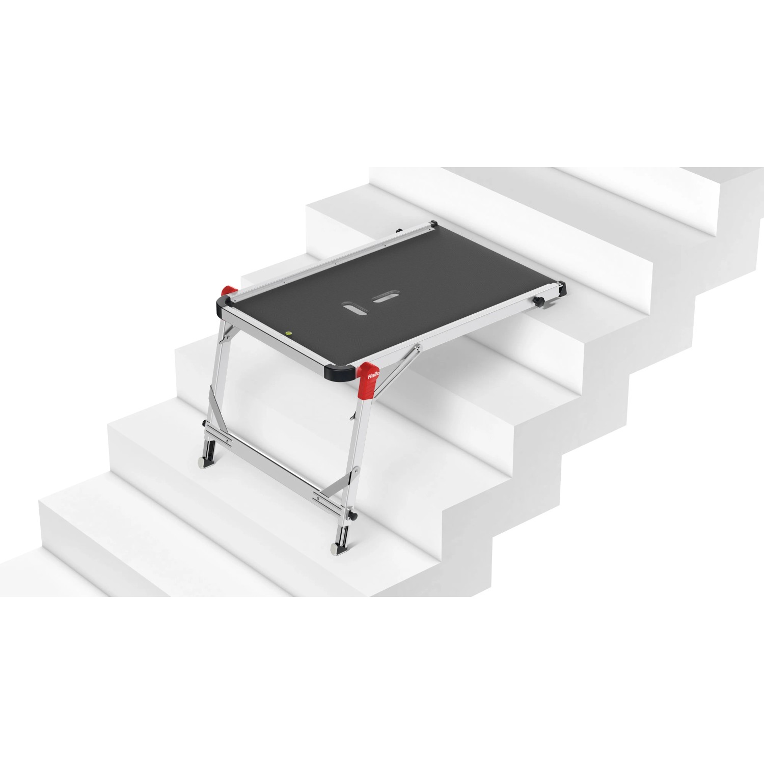 Hailo Treppenpodest TP1 auf einer Treppe, flexible Arbeitsplattform für sicheren Stand.