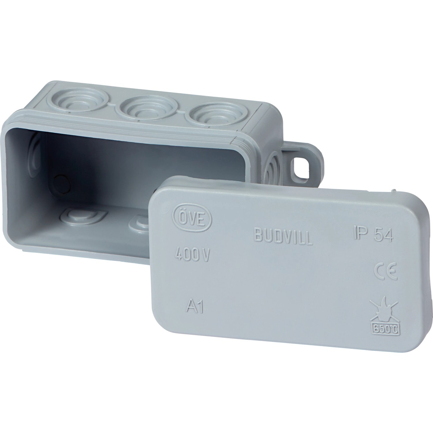 Grauer Aufputz Abzweigkasten 75x45mm, IP54, mit offenem Deckel und Anschlussmöglichkeiten.