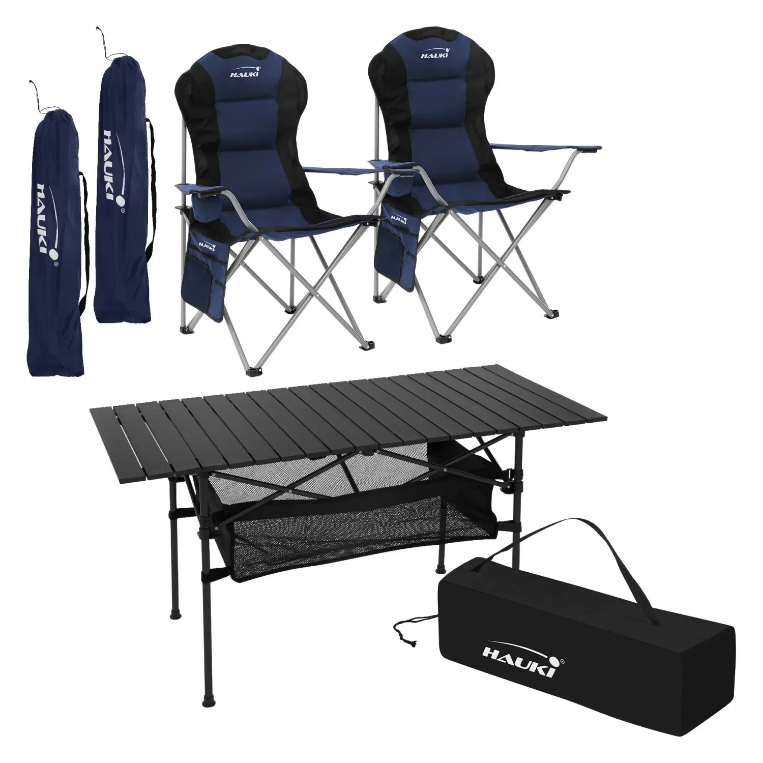 Hauki Campingmöbel Set 3 Teile Tisch Faltbar Schwarz mit 2 Stühle Blau