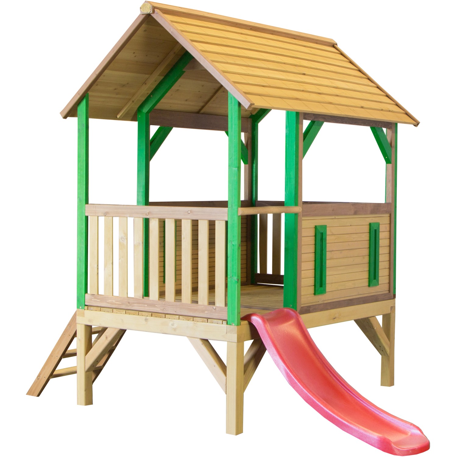 Axi Akela Spielhaus Braun - Grün mit Roter Rutsche 191 x 287 x 231 cm