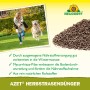 Neudorff Azet Herbst-Rasendünger: Granulat für Winterhärte, Kind mit Hund auf Rasen im Hintergrund.