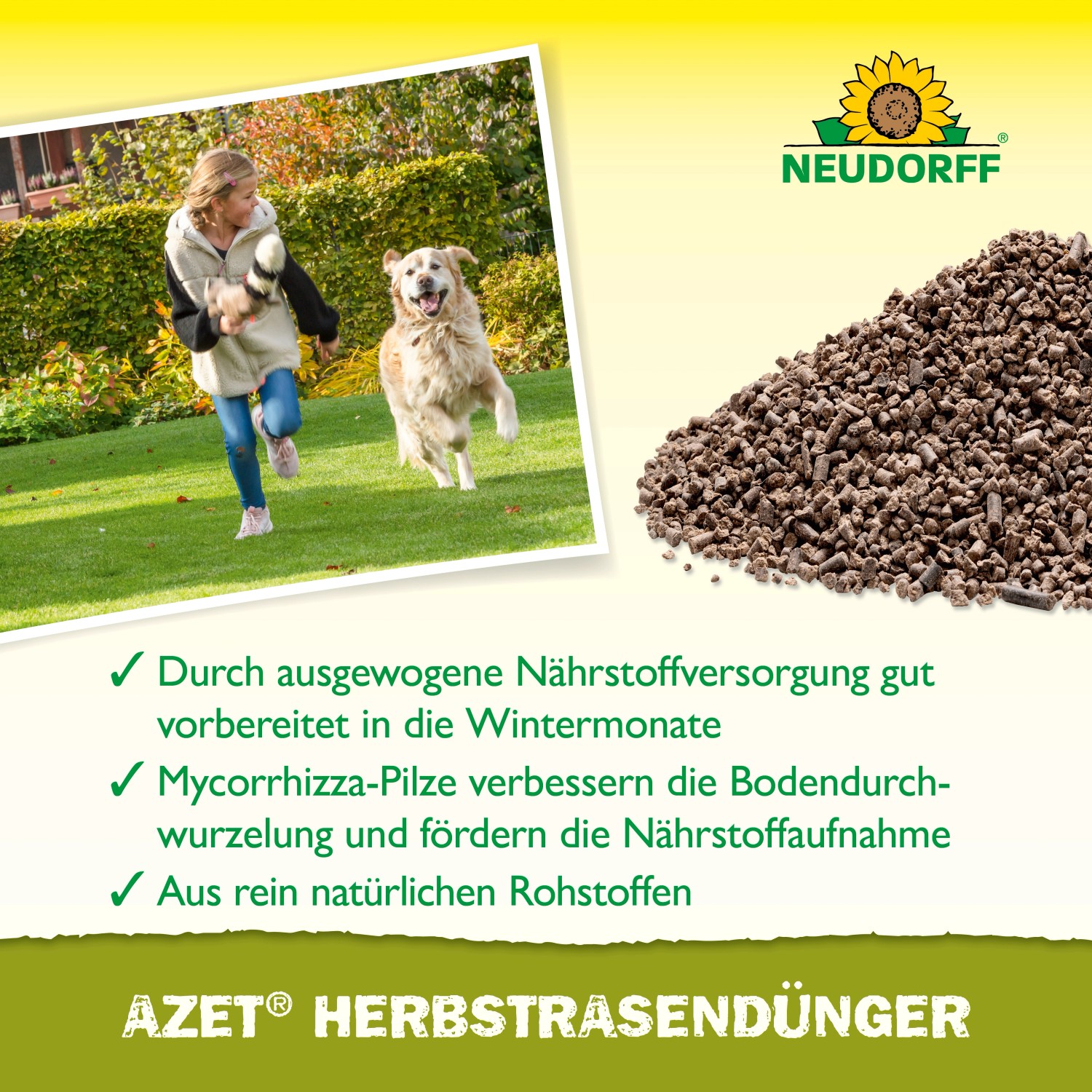 Neudorff Azet Herbst-Rasendünger: Granulat für Winterhärte, Kind mit Hund auf Rasen im Hintergrund.