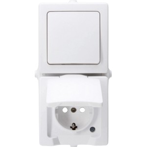Kopp Feuchtraum Aus-/Wechselschalter mit Steckdose, Aufputz, Arktisweiß.