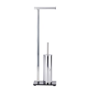 Wenko Stand WC-Garnitur Lava aus Edelstahl mit Papierhalter und schwarzer Glasplatte.