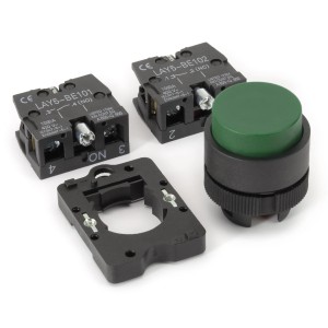 Sintron Drucktaster Grün, erhaben, Serie IN1, mit Schließer, Öffner und Montagezubehör.