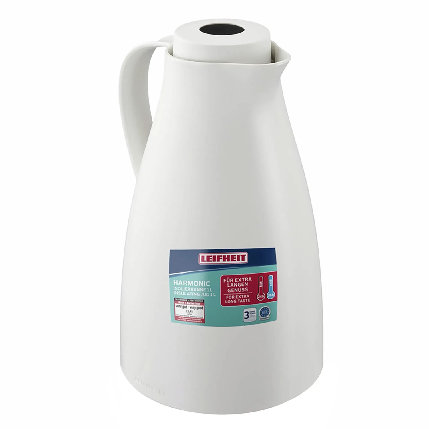 Weiße Isolierkanne Harmonic von Leifheit, 1 Liter Fassungsvermögen. Geschirr für warme und kalte Getränke.