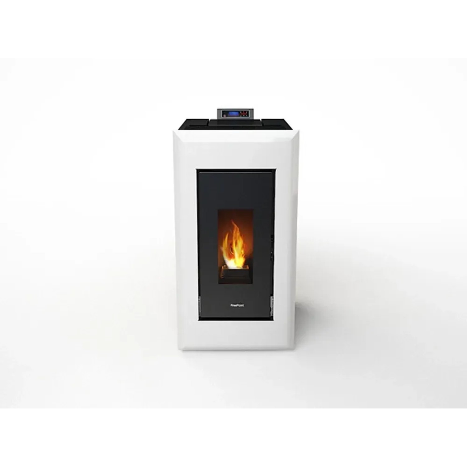 Freepoint Pelletofen Vega, Stahl weiß, 10,5 kW. Pelletofen mit Automatik und Flamme im Brennraum.